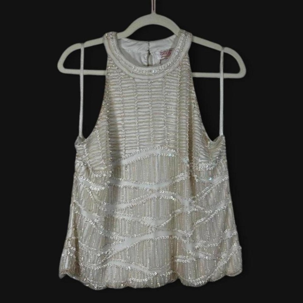 Gatsbylady London Cream Sequin Embellished Mock Neck Sleeveless Top Womens US 14